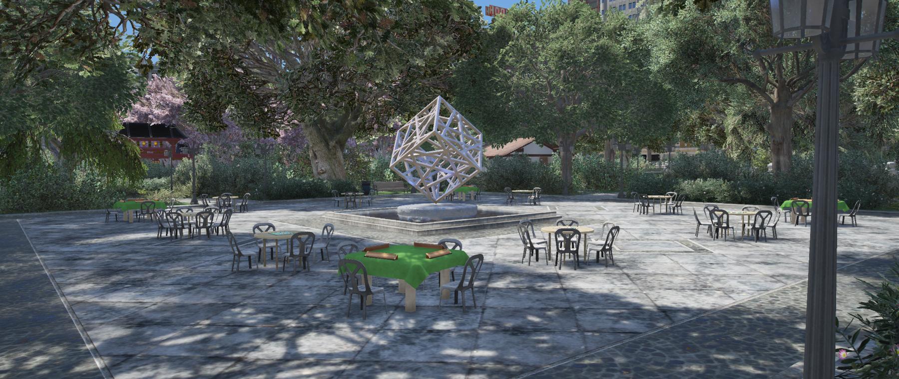 Legion Square mit aufgestellten Tischen vor der Skyline